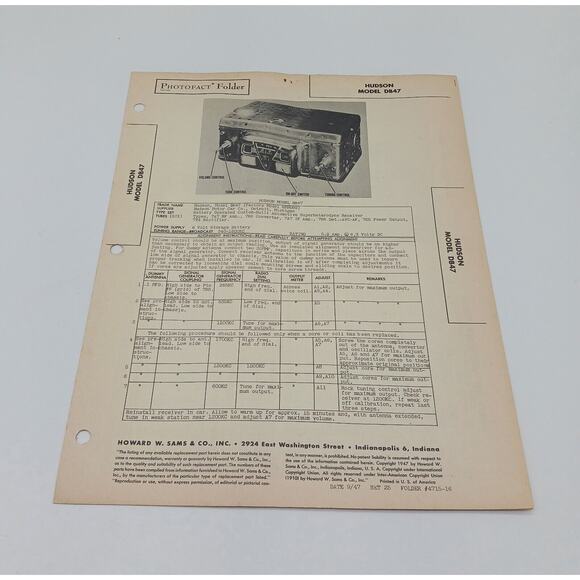 VTG Howard Sams 1947 Radio Photofact Folder Hudson Model DB47 - Picture 1 of 1